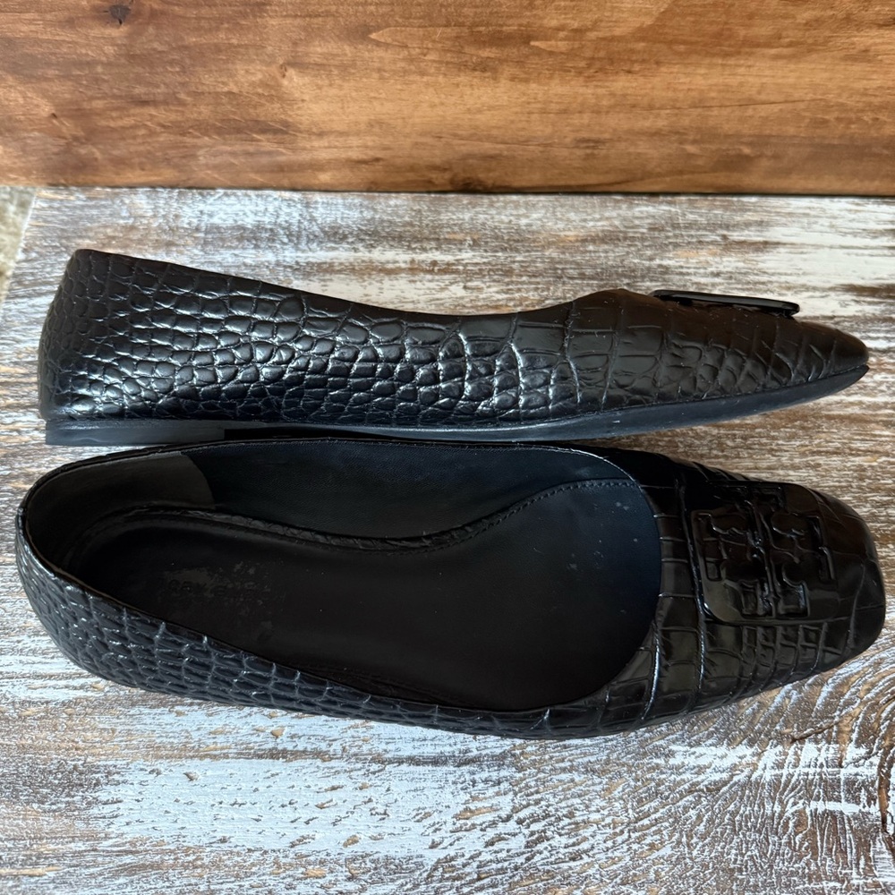 Tory Burch Perfect Blk Georgia Ballet Flats‎ Croc Patent Leather Square Toe 8.5 - Picture 6 of 10
